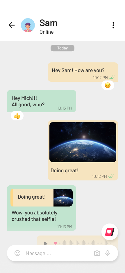PillowTalk chat: earth photo, reply with thumbs-up reaction
